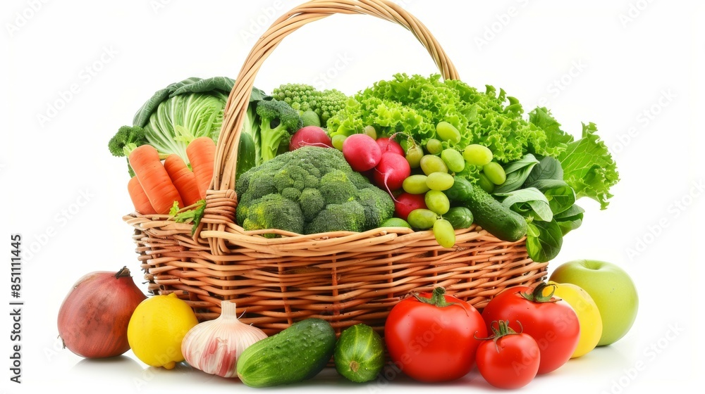 A basket of fresh fruits and vegetables including apples, grapes, tomatoes A basket of fresh fruits and vegetables including apples, grapes, tomatoes