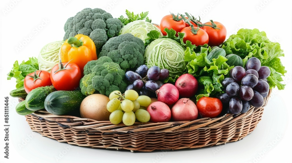 A basket of fruits and vegetables including tomatoes, grapes, broccoli A basket of fruits and vegetables including tomatoes, grapes, broccoli