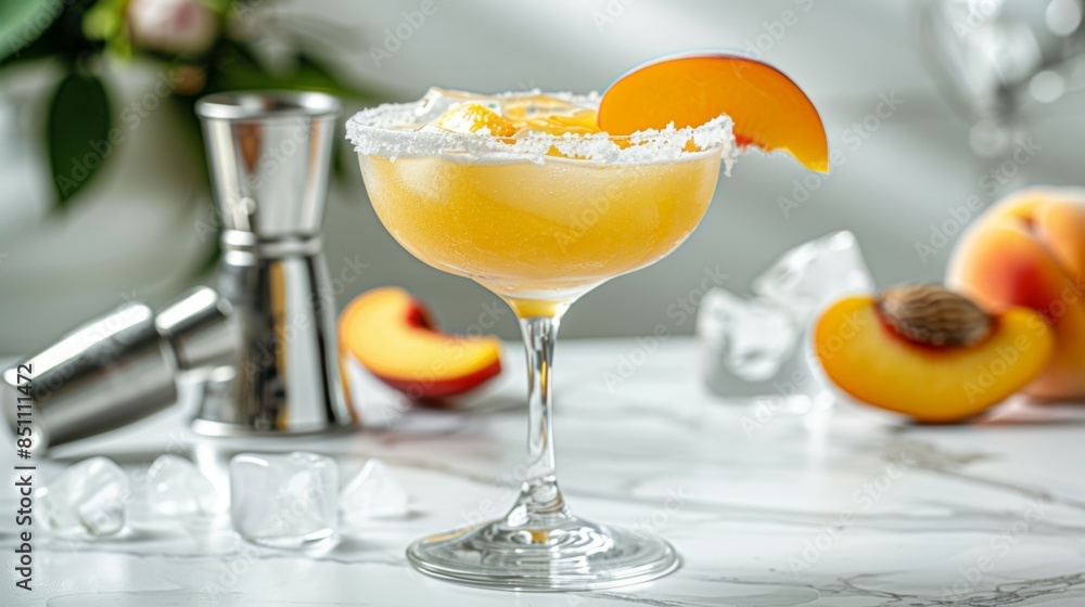 A glass of orange juice with a slice of peach on top A glass of orange juice with a slice of peach on top