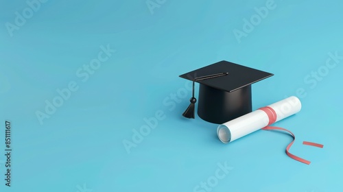 Graduation Cap and Diploma on a Blue Background
