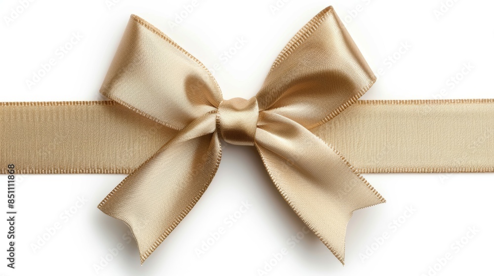 A gold ribbon bow is shown on a white background A gold ribbon bow is shown on a white background