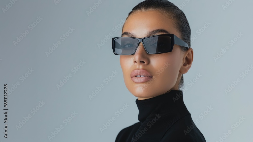 A woman wearing sunglasses and a black shirt A woman wearing sunglasses and a black shirt