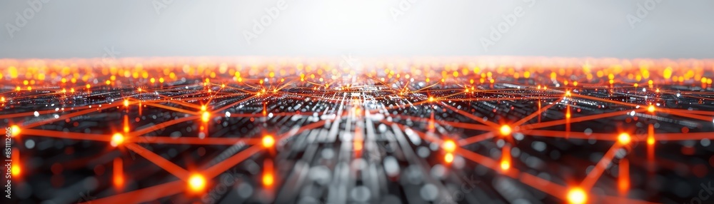 Fototapeta premium Abstract visualization of a digital network with glowing connections and a bright horizon, representing data flow, internet, or futuristic technology.