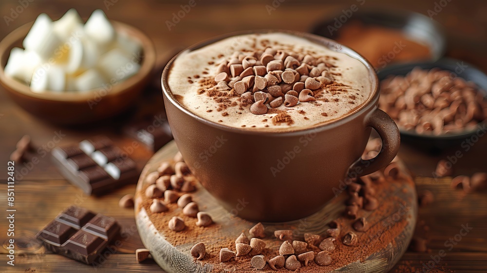 Hot chocolate, Whipped cream, Cocoa powder, Cinnamon sticks, Cozy, Warm beverage, Winter drink Hot chocolate, Whipped cream, Cocoa powder, Cinnamon sticks, Cozy, Warm beverage, Winter drink