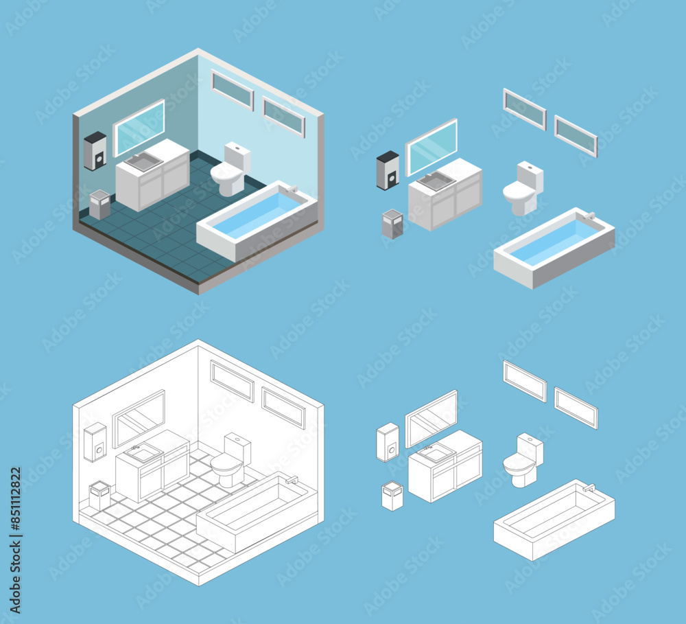 isometric bathroom/toilet illustrator block isometric bathroom/toilet illustrator block