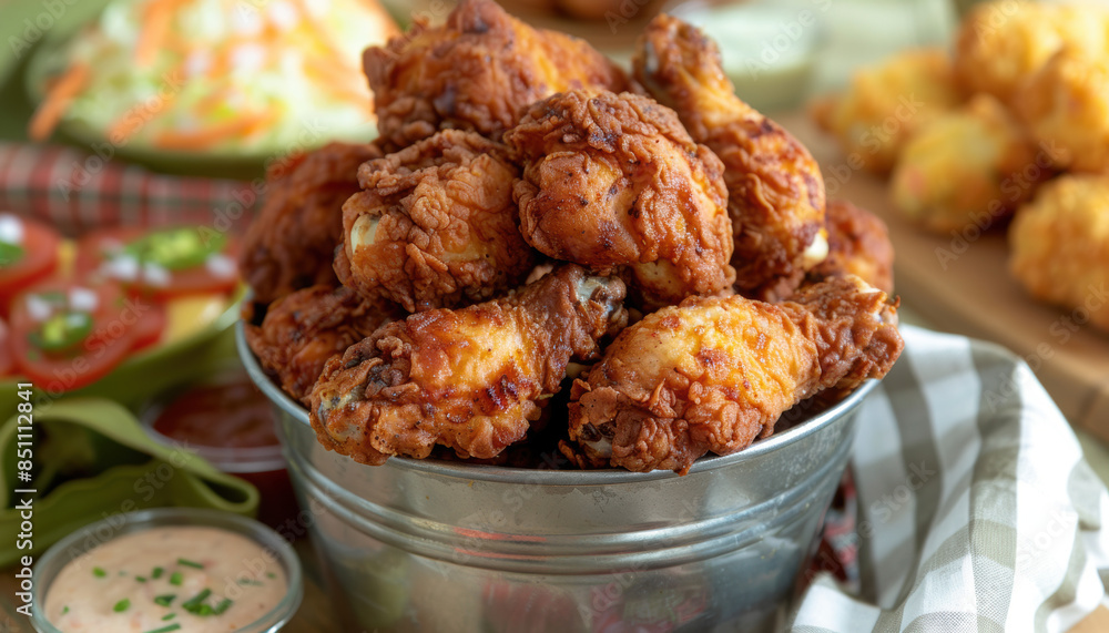 A bowl of fried chicken is on a table with other food A bowl of fried chicken is on a table with other food