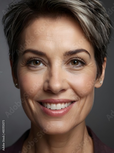 Portrait of a beautiful middle age woman, smiling, front view.