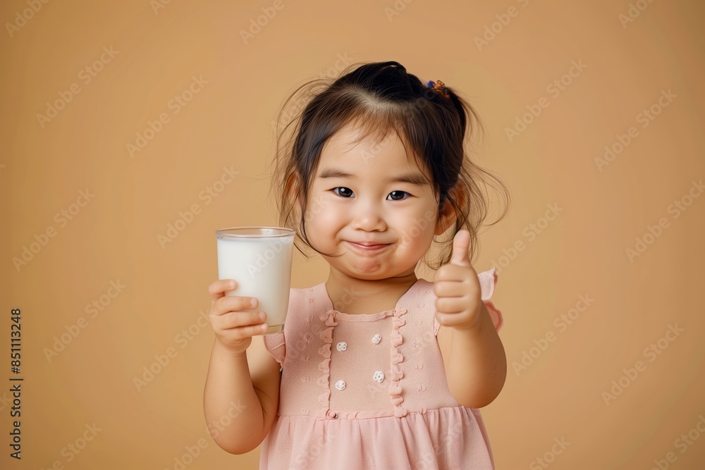 Smiling Asian Toddler in Pink Dress Holding Glass of Milk and Giving Thumbs Up on Beige Background Smiling Asian Toddler in Pink Dress Holding Glass of Milk and Giving Thumbs Up on Beige Background