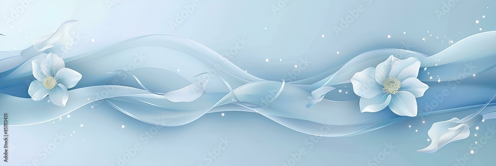 Blue ribbon banner with an abstract background, white flowers and blurred wave elements, copy space for text backdrop suitable for various themes such as fashion, beauty, wedding, or spring Blue ribbon banner with an abstract background, white flowers and blurred wave elements, copy space for text backdrop suitable for various themes such as fashion, beauty, wedding, or spring
