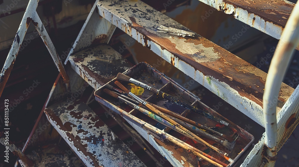 Fire escape steps with paint palette and brushes, close-up, natural daylight, textured metal, artistic tools, creative space. Fire escape steps with paint palette and brushes, close-up, natural daylight, textured metal, artistic tools, creative space.