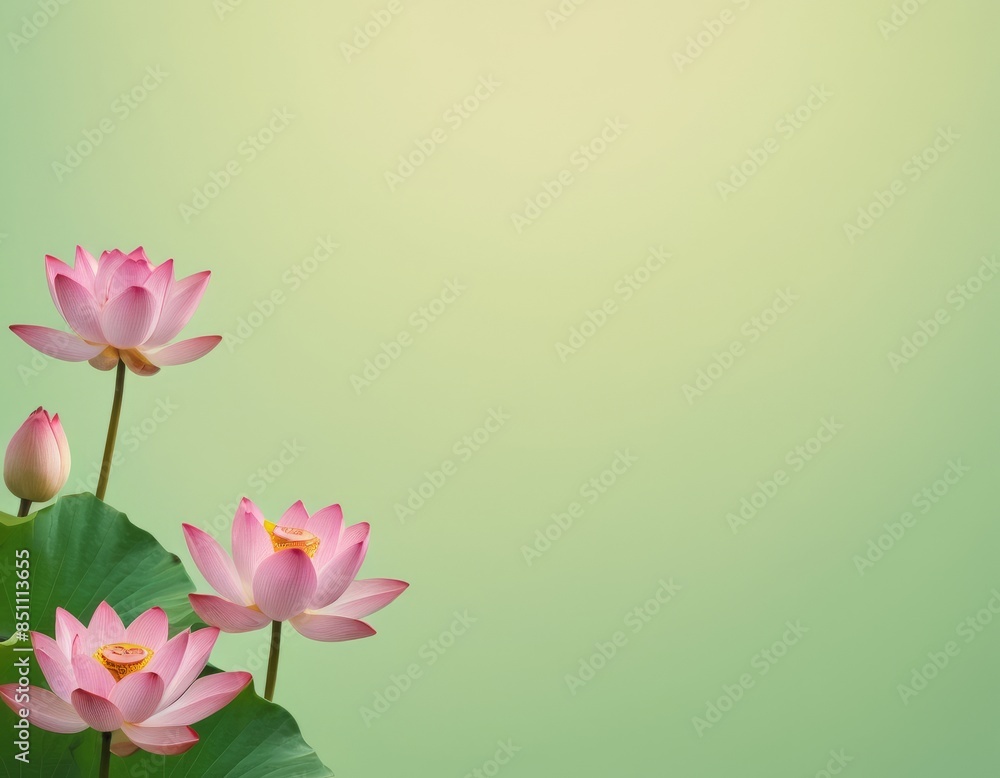 Fototapeta premium lotus flowers on a soft green background, a symbol of purity and beauty. concept for wedding invitations, greeting cards, romantic celebrations and gifts for women's day