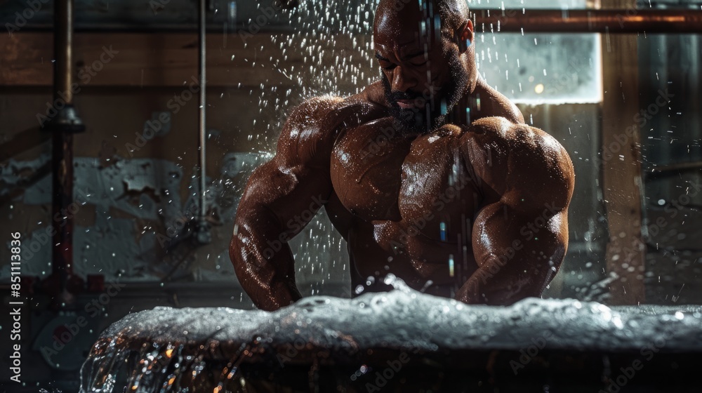 A muscular man stands under a shower with water cascading down his body ...