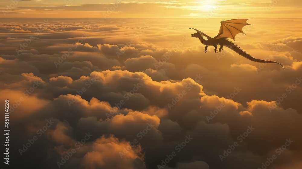 Naklejka premium Dragon flying over rolling clouds at sunrise towards the camera
