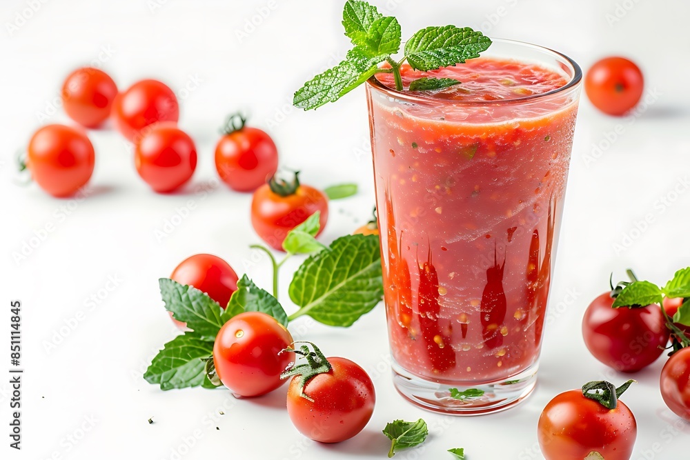 Smoothies tomato in glass cup, tomato fruit, and leaf mint inside. Isolated on white background image. Smoothies tomato in glass cup, tomato fruit, and leaf mint inside. Isolated on white background image.