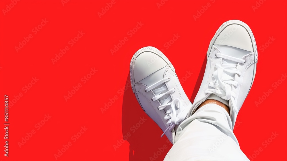 White shoes isolated on solid red background in studio, walking up. isolated on a solid red background. Illustrations White shoes isolated on solid red background in studio, walking up. isolated on a solid red background. Illustrations