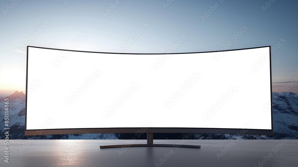 Mockup of ultra-wide curved monitor with mountains in background, AI-generative Mockup of ultra-wide curved monitor with mountains in background, AI-generative