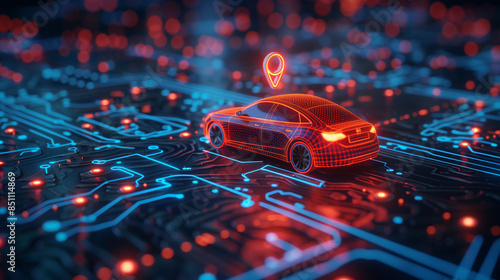 3d gps location design, a car with location symbol in a futuristic design.
