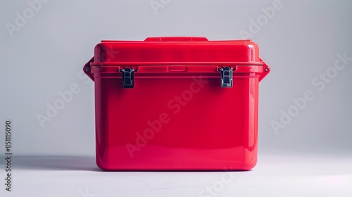 Vibrant red cooler box on a white background, focus on its modern design and practicality, product photography