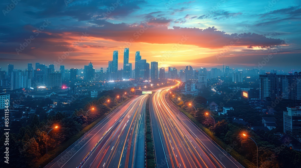 Fototapeta premium Cityscape at Sunset with Highway Lights