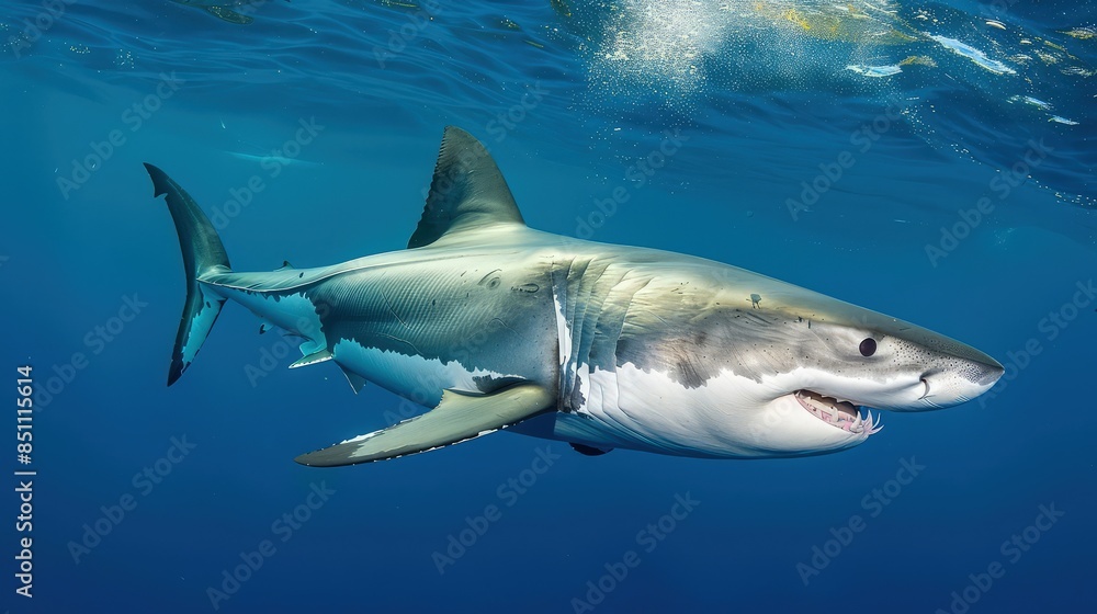 Fototapeta premium Great white shark underwater diagonal, focus on the front half.