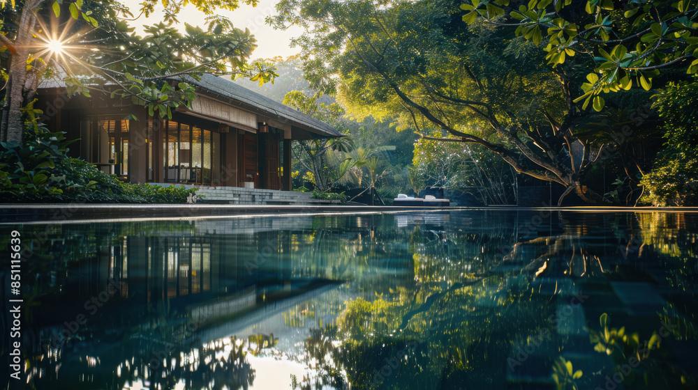 Fototapeta premium Southeast Asian resort villa, a mirror reflecting a picturesque garden and an infinity pool