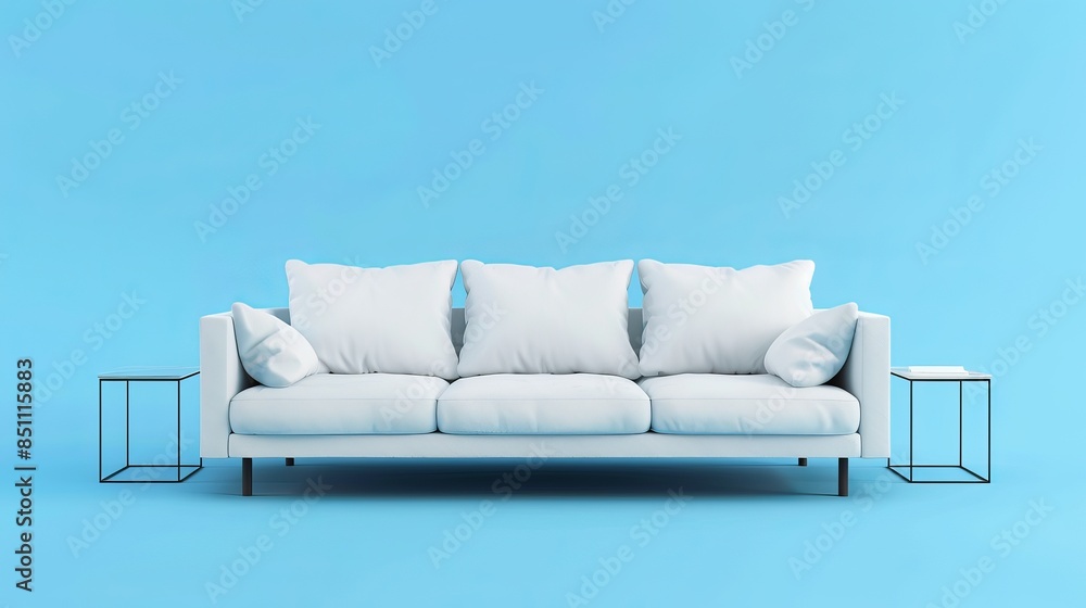 Naklejka premium White sofa or couch with side tables on a solid blue background, banner size, fresh and calm interior. isolated on a solid blue background. Illustrations