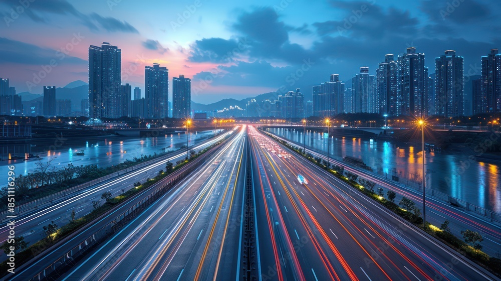 Cityscape with Highway and Lights Trails Cityscape with Highway and Lights Trails