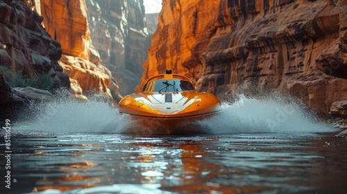 An orange boat with a white stripe cruises through a narrow canyon.