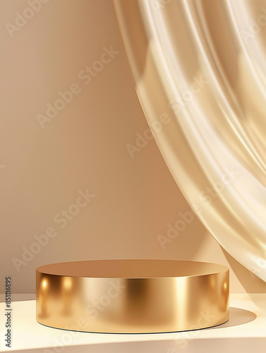 empty podium platform product display golden light backdrop decoration with minimal wall scene background. mockup present