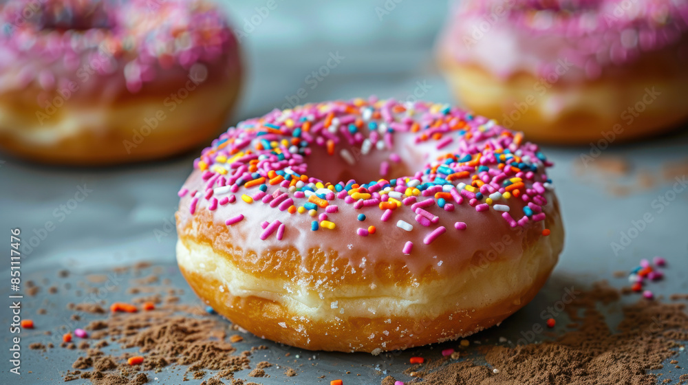A pink donut with sprinkles on top
