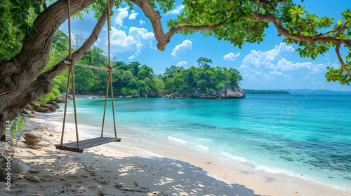 Fototapeta Naklejka Na Ścianę i Meble -  A swing hanging from a palm tree on the shore of a beach on an idyllic island that conveys tranquility and peace.