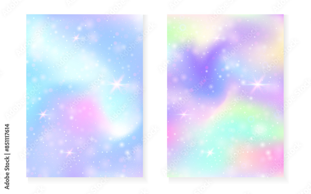 Magic background with princess rainbow gradient. Kawaii unicorn hologram. Holographic fairy set. Spectrum fantasy cover. Magic background with sparkles and stars for cute girl party invitation. Magic background with princess rainbow gradient. Kawaii unicorn hologram. Holographic fairy set. Spectrum fantasy cover. Magic background with sparkles and stars for cute girl party invitation.