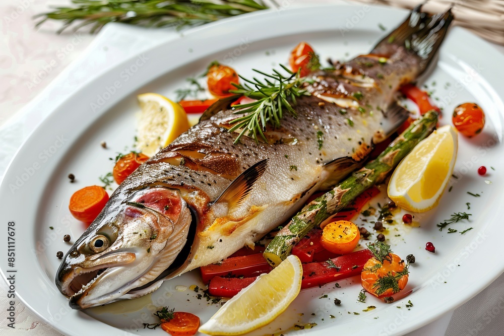 Baked rainbow trout with lemon and colorful vegetables Baked rainbow trout with lemon and colorful vegetables