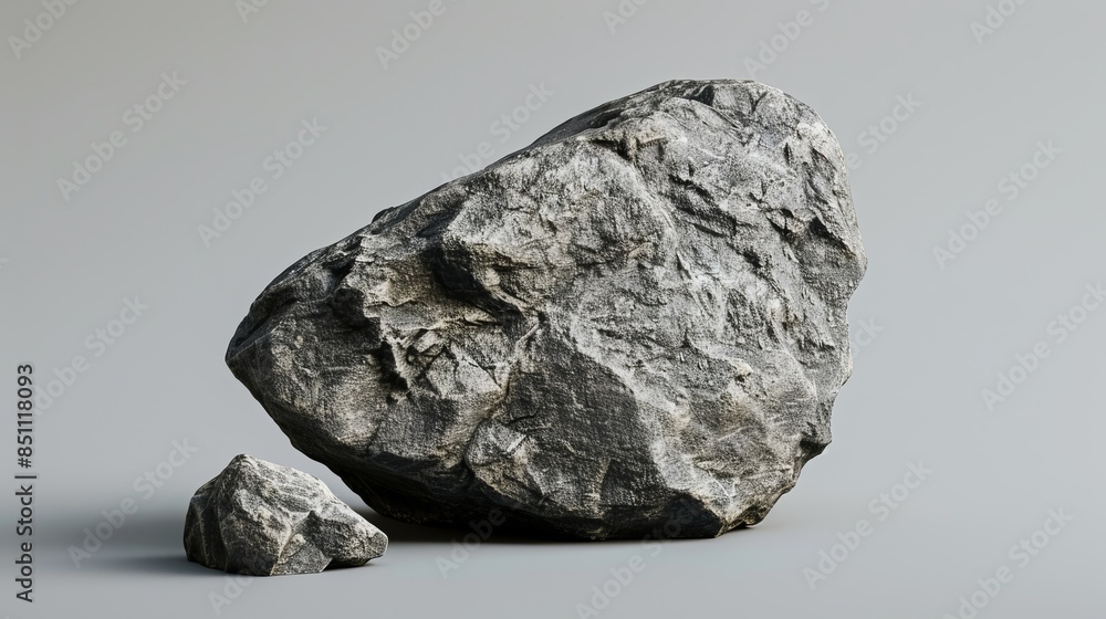 Fototapeta premium A large grey rock sits on a grey background all by itself. isolated on a solid gray background. Illustrations