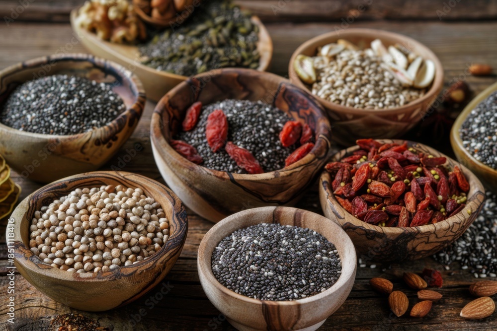 Assortment of superfoods in wooden bowls, including seeds and goji berries Assortment of superfoods in wooden bowls, including seeds and goji berries