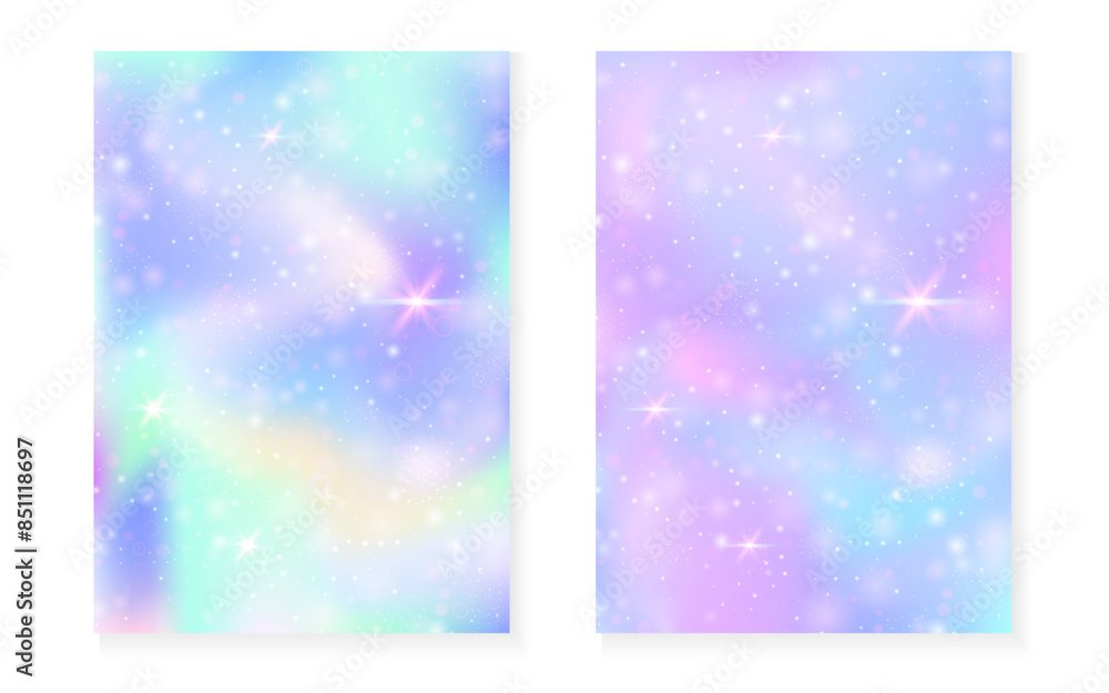 Magic background with princess rainbow gradient. Kawaii unicorn hologram. Holographic fairy set. Bright fantasy cover. Magic background with sparkles and stars for cute girl party invitation. Magic background with princess rainbow gradient. Kawaii unicorn hologram. Holographic fairy set. Bright fantasy cover. Magic background with sparkles and stars for cute girl party invitation.