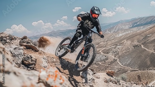 A mountain biker navigates rocky terrain under a clear blue sky, exuding adventure and thrill in the outdoors