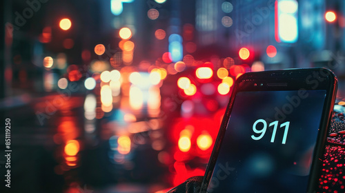 Smartphone with 911 Emergency Call Displayed Against Blurred City Lights at Night