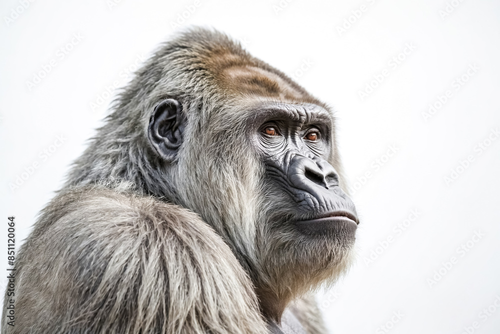 Close-up portrait of a silverback gorilla against a white background Close-up portrait of a silverback gorilla against a white background