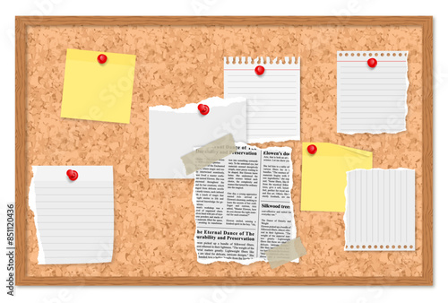 blocks post its and news papers in corkboard with tape realistic