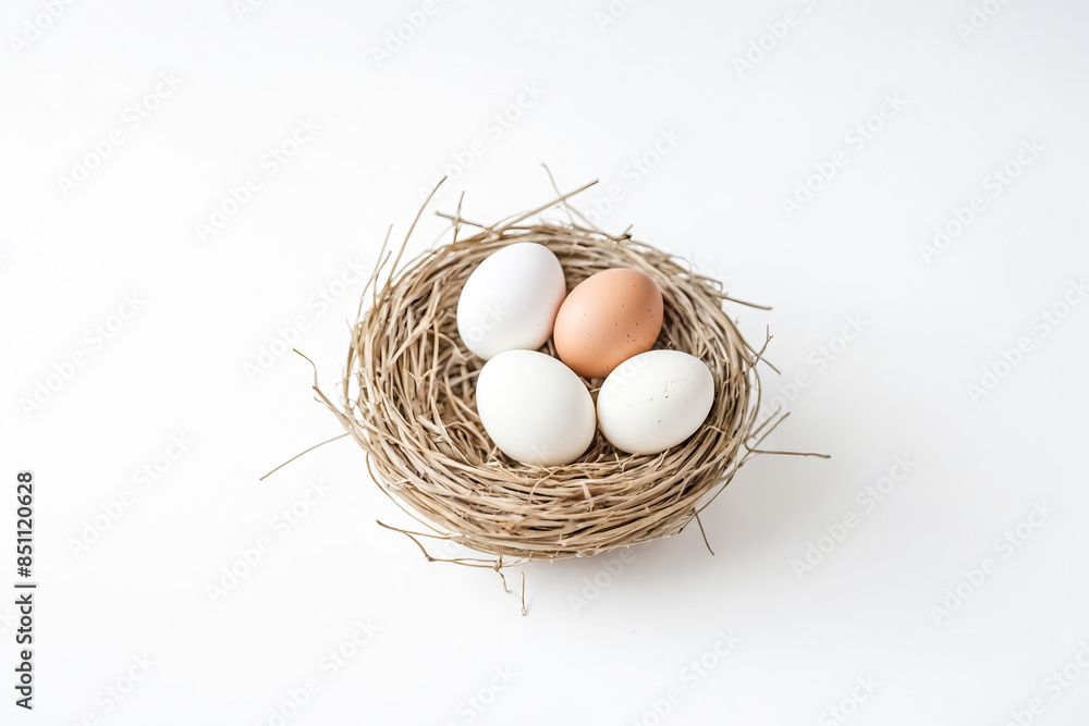 Three White Eggs and One Brown Egg in a Nest Three White Eggs and One Brown Egg in a Nest