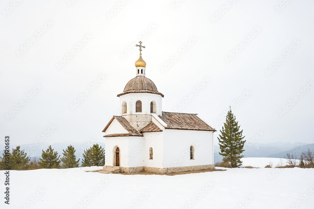 Small Orthodox Church on a Snowy Hilltop Small Orthodox Church on a Snowy Hilltop