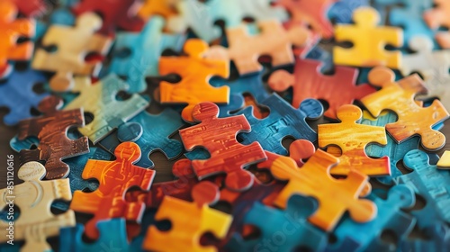 Close-up of colorful jigsaw puzzle pieces scattered randomly. Perfect for themes of creativity, problem-solving, and leisure activities.