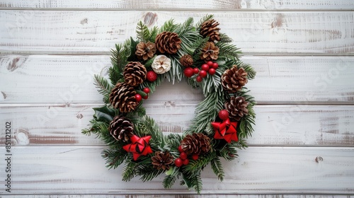 Top view of white wooden background with pine cone Christmas wreath © TheWaterMeloonProjec