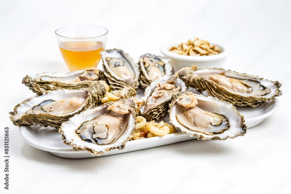 Fresh Oysters on a White Plate with a Glass of Wine Fresh Oysters on a White Plate with a Glass of Wine