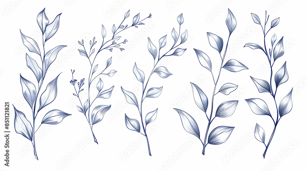 Set of botanical line art floral leaves, plants Hand drawn sketch branches isolated on white background Vector illustration Set of botanical line art floral leaves, plants Hand drawn sketch branches isolated on white background Vector illustration