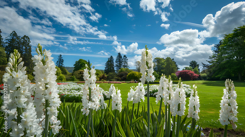 The Northern Botanic Gardens in Ireland are a national treasure with its stunning botanical displays of white flowers set against the backdrop of a vibrant blue sky creating a pict photo
