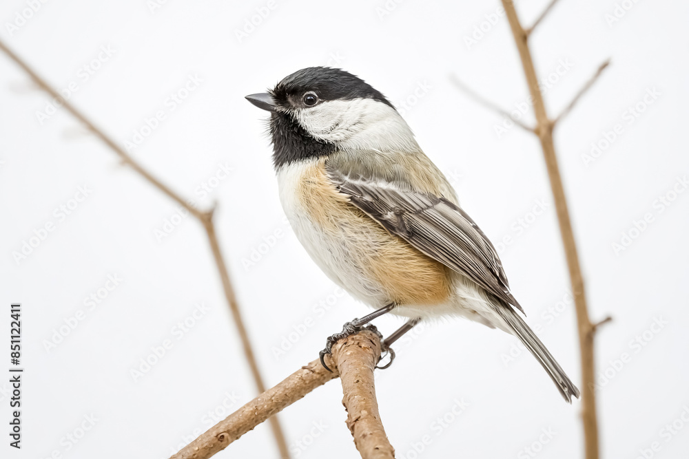 Black-capped Chickadee Perched on Branch Against White Background Black-capped Chickadee Perched on Branch Against White Background