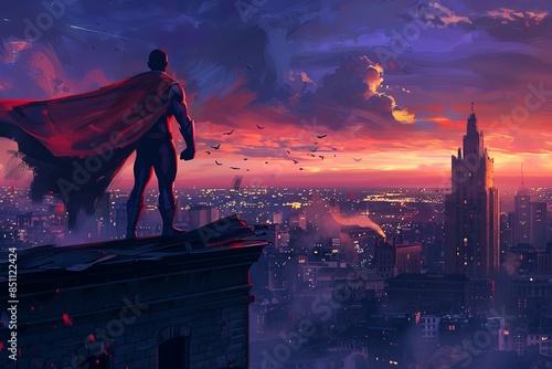 A superhero in a red cape stands triumphantly on a rooftop overlooking a city at dusk. Generative AI