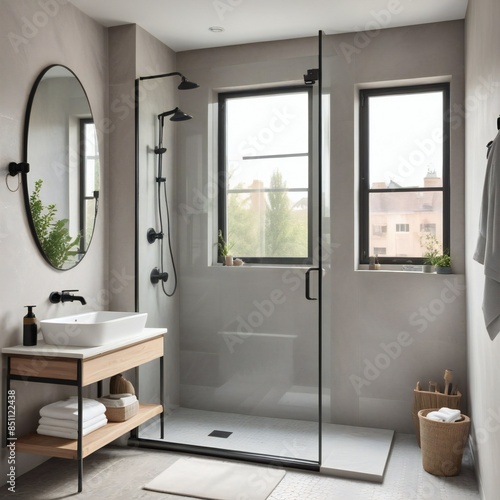 Stylish  beautiful bathroom interior with glass shower and sink, window 
